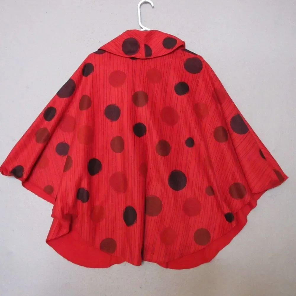 Jess & Jane Poncho Women Medium Red Dancing Dots Pockets Shawl Fleece Artsy Cozy